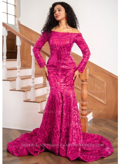 Fuchsia Sheath Sequence Long Sleeves Off Shoulder Long Prom Dresses