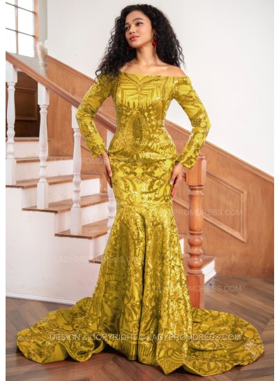 Gold Sheath Sequence Long Sleeves Off Shoulder Long Prom Dresses