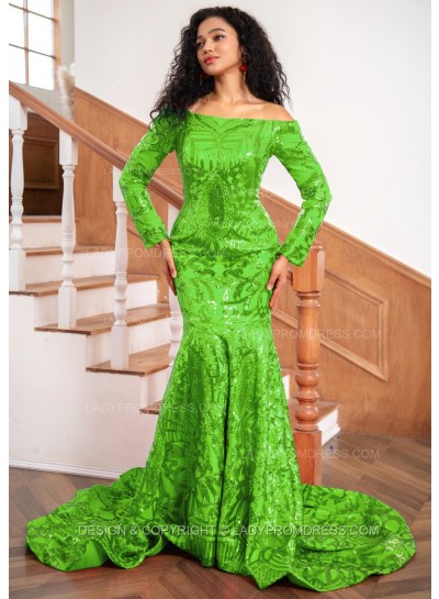 Green Sheath Sequence Long Sleeves Off Shoulder Long Prom Dresses