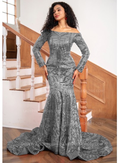 Grey Sheath Sequence Long Sleeves Off Shoulder Long Prom Dresses