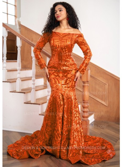 Orange Sheath Sequence Long Sleeves Off Shoulder Long Prom Dresses