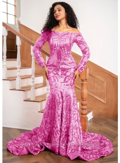 Pink Sheath Sequence Long Sleeves Off Shoulder Long Prom Dresses