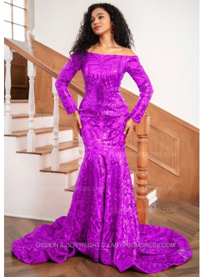 Purple Sheath Sequence Long Sleeves Off Shoulder Long Prom Dresses