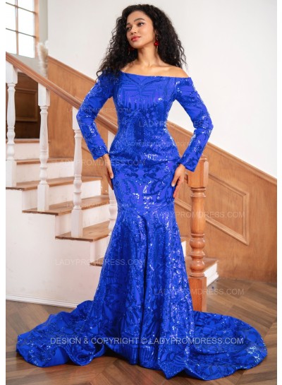 Royal Blue Sheath Sequence Long Sleeves Off Shoulder Long Prom Dresses