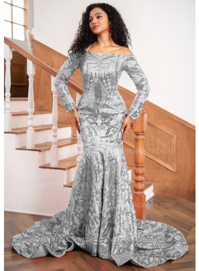Silver Sheath Sequence Long Sleeves Off Shoulder Long Prom Dresses