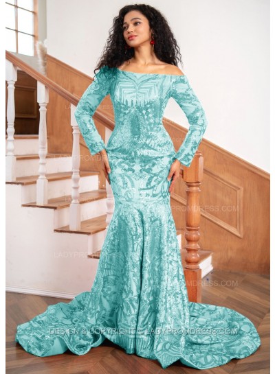 Light Sky Blue Sheath Sequence Long Sleeves Off Shoulder Long Prom Dresses