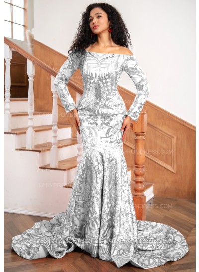 White Sheath Sequence Long Sleeves Off Shoulder Long Prom Dresses