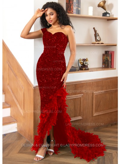 Burgundy One Shoulder Sweetheart Sequence High Low Prom Dresses With Feathers