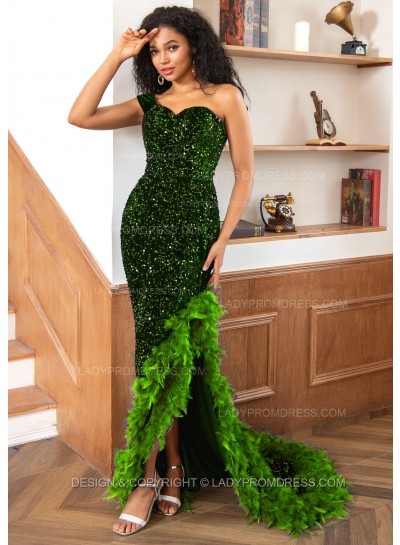 Green One Shoulder Sweetheart Sequence High Low Prom Dresses With Feathers
