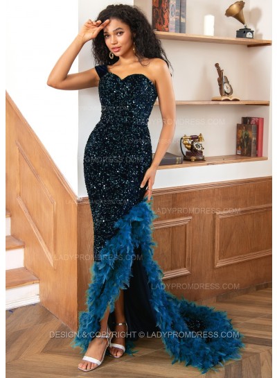 Dark Navy One Shoulder Sweetheart Sequence High Low Prom Dresses With Feathers