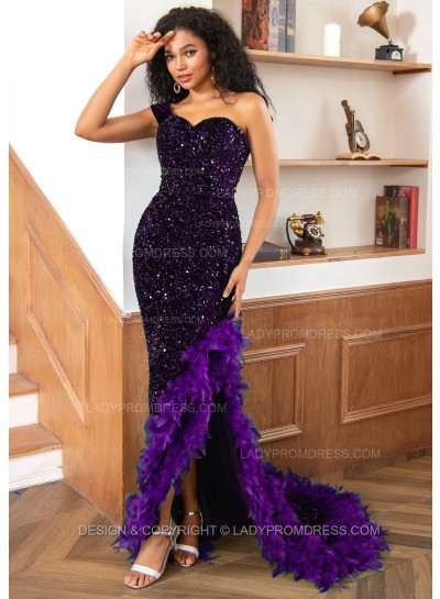 Purple One Shoulder Sweetheart Sequence High Low Prom Dresses With Feathers