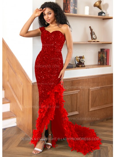 Red One Shoulder Sweetheart Sequence High Low Prom Dresses With Feathers