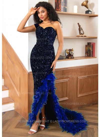 Royal Blue One Shoulder Sweetheart Sequence High Low Prom Dresses With Feathers