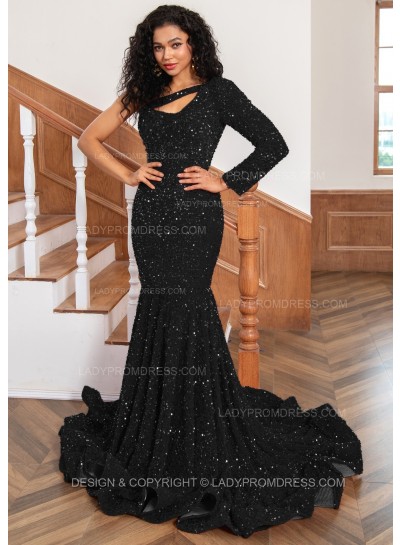 Black One Shoulder Sequence Mermaid Long Prom Dresses