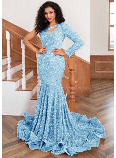 Blue One Shoulder Sequence Mermaid Long Prom Dresses