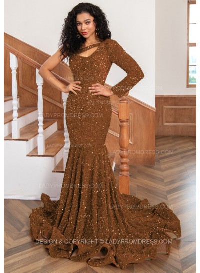 Brown One Shoulder Sequence Mermaid Long Prom Dresses