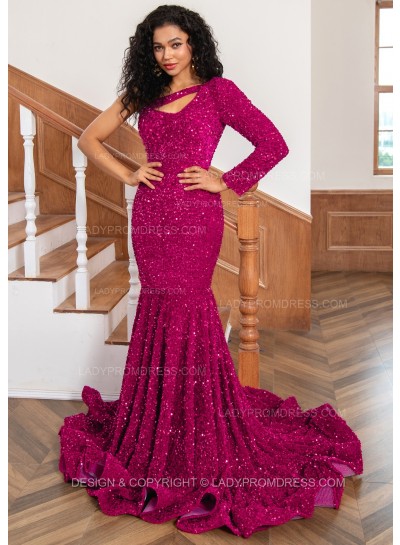 Fuchsia One Shoulder Sequence Mermaid Long Prom Dresses