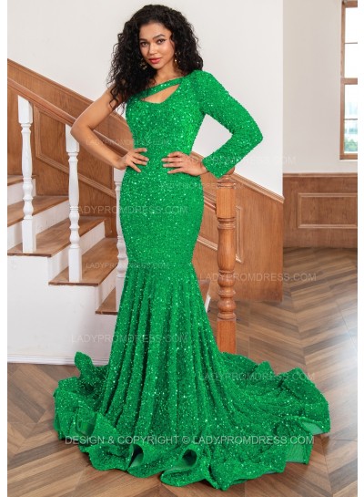 Green One Shoulder Sequence Mermaid Long Prom Dresses