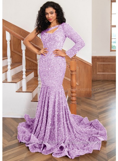 Lilac One Shoulder Sequence Mermaid Long Prom Dresses