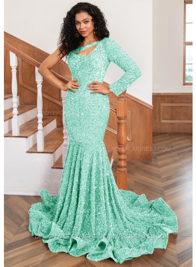 Mint Green One Shoulder Sequence Mermaid Long Prom Dresses