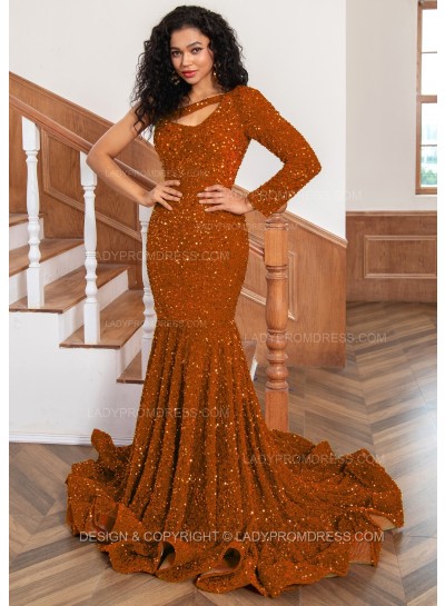 Orange One Shoulder Sequence Mermaid Long Prom Dresses