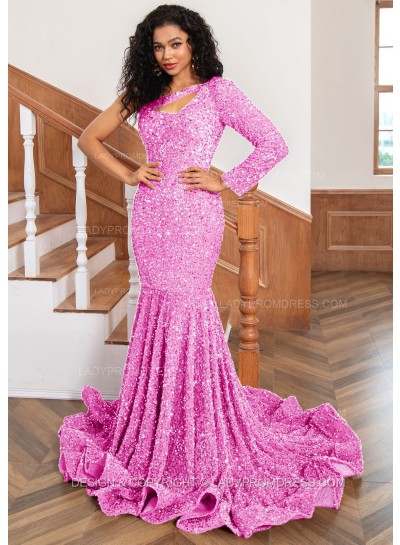 Pink One Shoulder Sequence Mermaid Long Prom Dresses