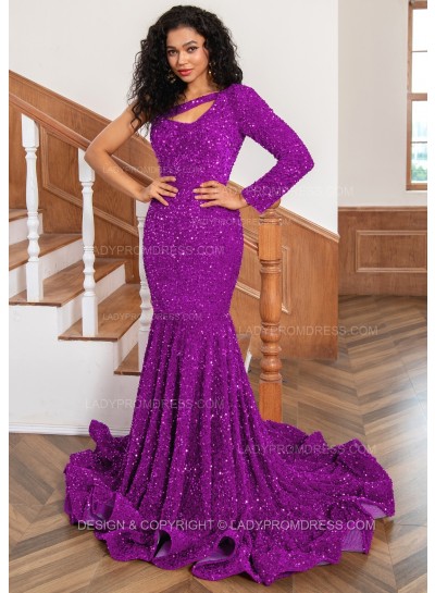 Purple One Shoulder Sequence Mermaid Long Prom Dresses