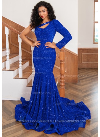 Royal Blue One Shoulder Sequence Mermaid Long Prom Dresses