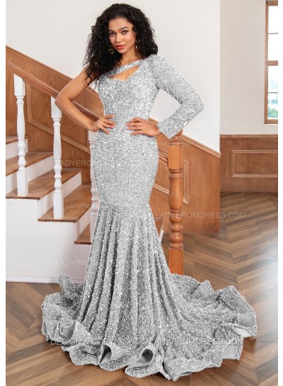 Silver One Shoulder Sequence Mermaid Long Prom Dresses