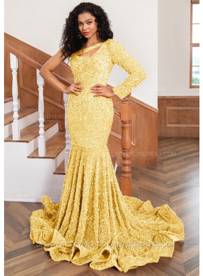Yellow One Shoulder Sequence Mermaid Long Prom Dresses