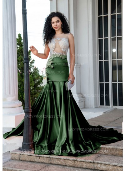 Emerald Sheath Long Prom Dresses With Appliques