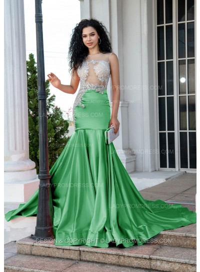 Green Sheath Long Prom Dresses With Appliques