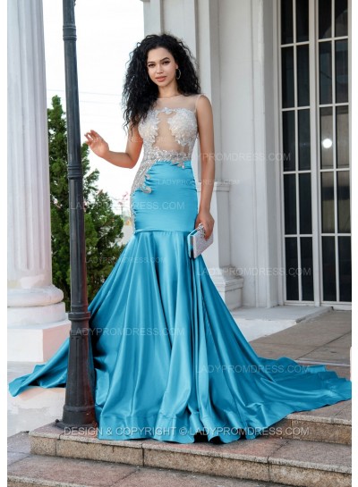 Blue Sheath Long Prom Dresses With Appliques