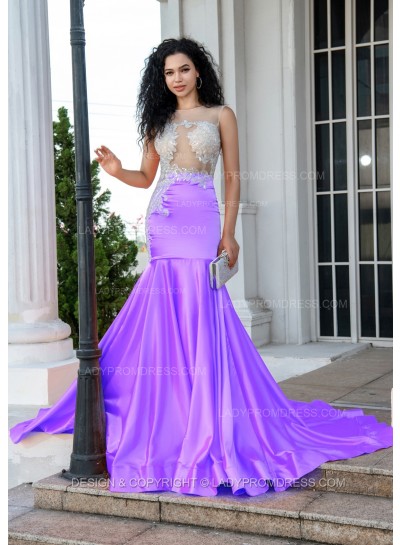 Lilac Sheath Long Prom Dresses With Appliques