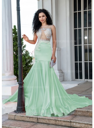Mint Green Sheath Long Prom Dresses With Appliques