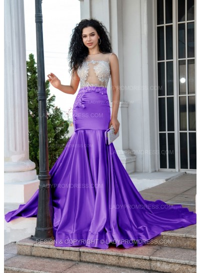 Purple Sheath Long Prom Dresses With Appliques