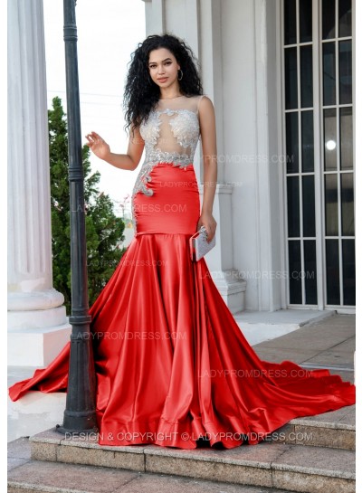 Red Sheath Long Prom Dresses With Appliques