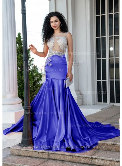 Royal Blue Sheath Long Prom Dresses With Appliques