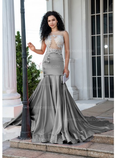 Silver Sheath Long Prom Dresses With Appliques