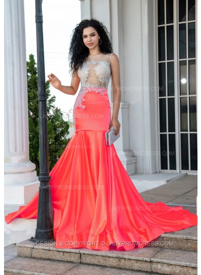Watermelon Sheath Long Prom Dresses With Appliques