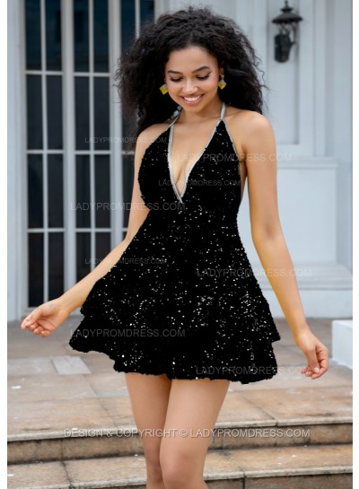 Black Halter V-neck A-line Princess Backless Sequins Short Party Dresses
