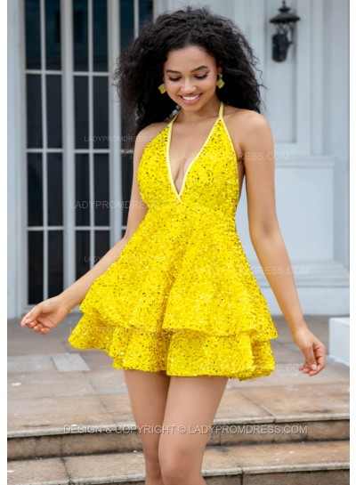 Daffodil Halter V-neck A-line Princess Backless Sequins Short Party Dresses