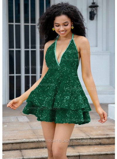 Dark Green Halter V-neck A-line Princess Backless Sequins Short Party Dresses