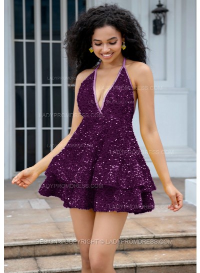Grape Halter V-neck A-line Princess Backless Sequins Short Party Dresses
