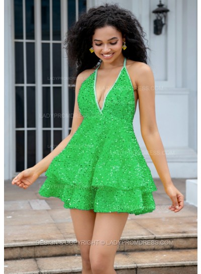 Green Halter V-neck A-line Princess Backless Sequins Short Party Dresses