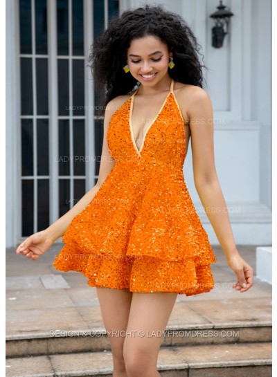 Orange Halter V-neck A-line Princess Backless Sequins Short Party Dresses