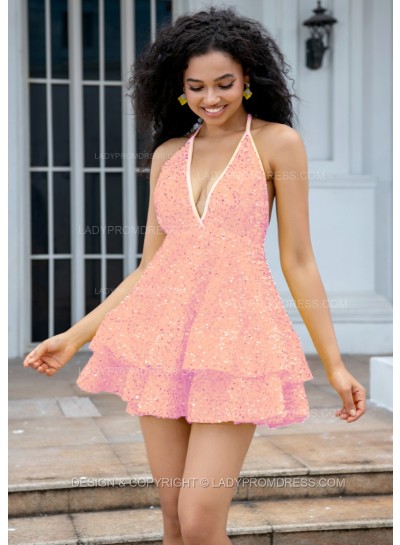 Blushing Pink Halter V-neck A-line Princess Backless Sequins Short Party Dresses