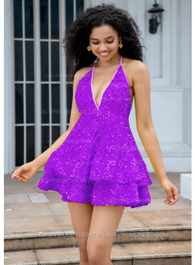 Purple Halter V-neck A-line Princess Backless Sequins Short Party Dresses