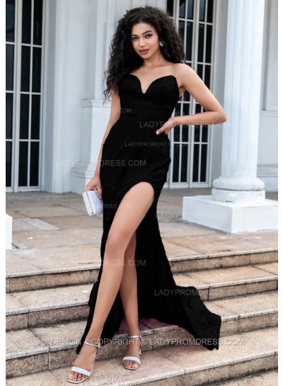 Black A Line Sequence Side Slit Sweetheart Long Prom Dresses