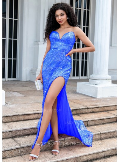 Royal Blue A Line Sequence Side Slit Sweetheart Long Prom Dresses